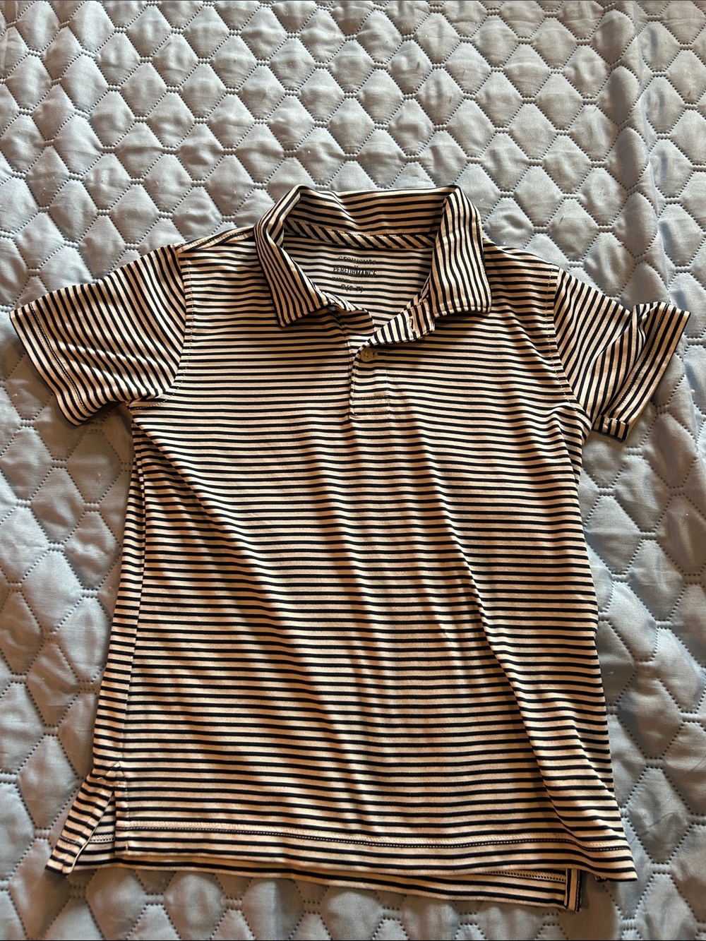 Striped Short-Sleeve Polo Top in Navy and White